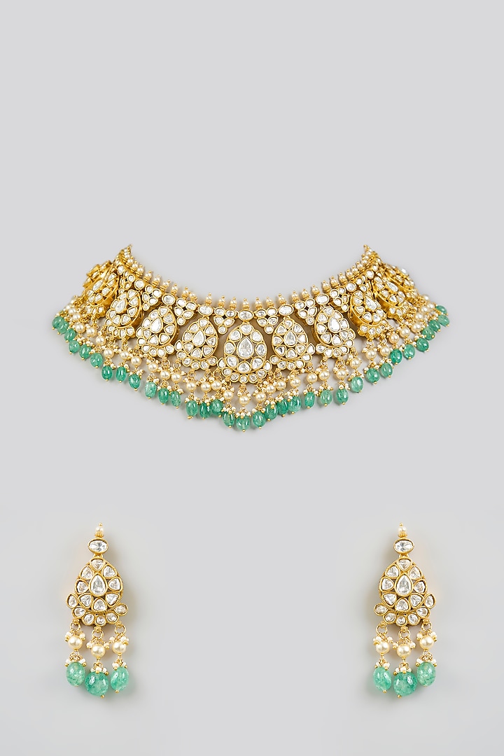 Gold Finish Kundan Polki & Green Pearl Necklace Set by Zevar By Geeta at Pernia's Pop Up Shop