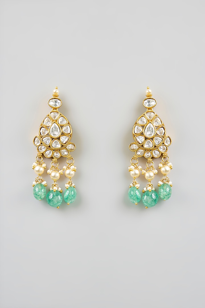 Gold Finish Kundan Polki & Green Pearl Necklace Set by Zevar By Geeta at Pernia's Pop Up Shop
