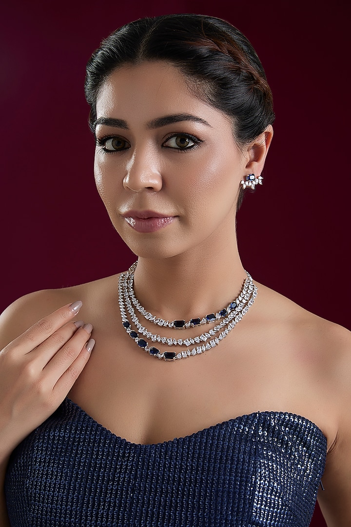 White Finish Diamond & Sapphire Stone Layered Necklace Set by Zevar By Geeta at Pernia's Pop Up Shop