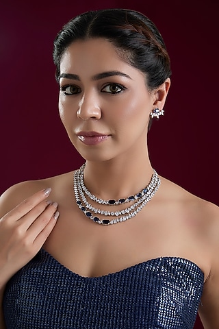 White Finish Diamond & Sapphire Stone Layered Necklace Set by Zevar By Geeta