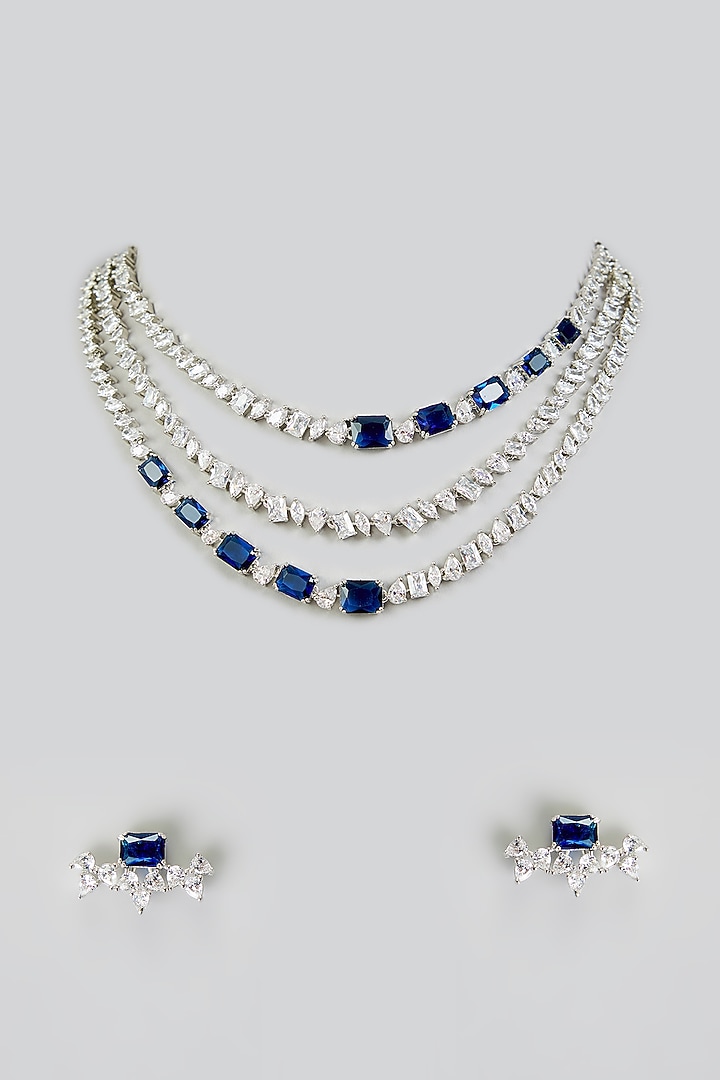 White Finish Diamond & Sapphire Stone Layered Necklace Set by Zevar By Geeta at Pernia's Pop Up Shop