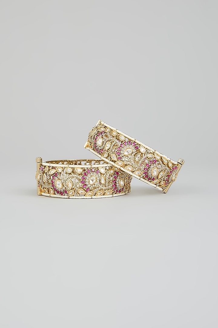 Two Tone Finish Kundan Polki & Red Stone Bangles (Set Of 2) by Zevar By Geeta at Pernia's Pop Up Shop