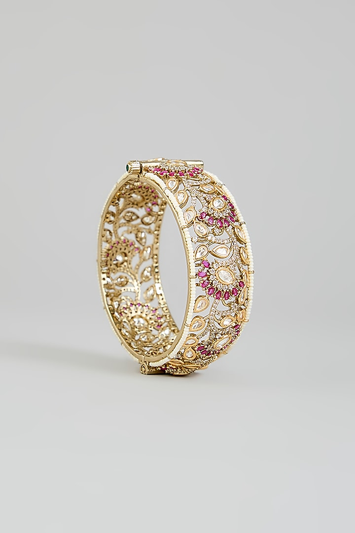 Two Tone Finish Kundan Polki & Red Stone Bangles (Set Of 2) by Zevar By Geeta at Pernia's Pop Up Shop