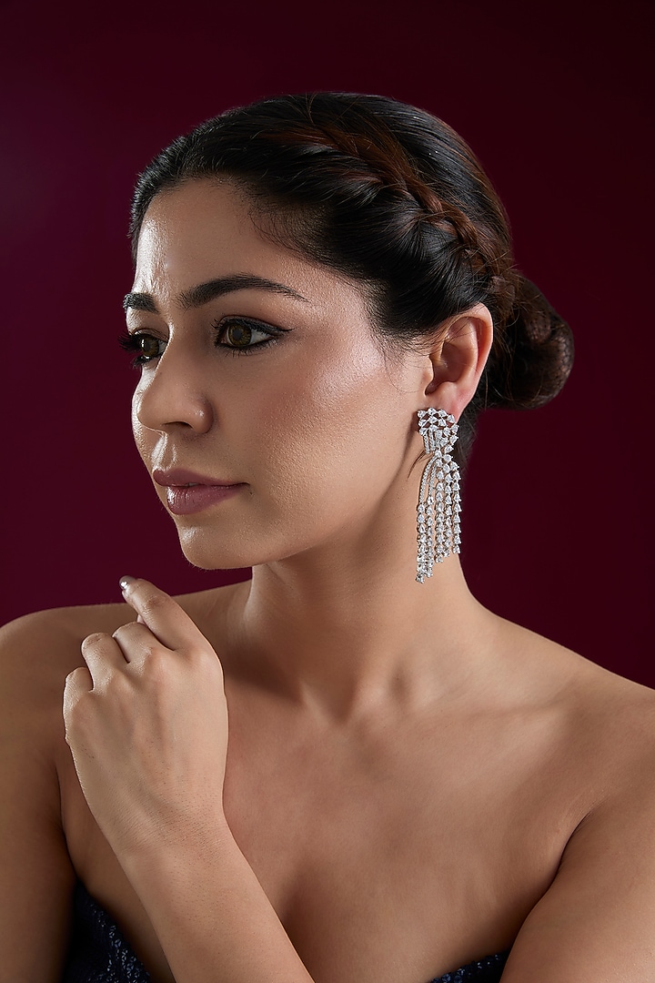 White Finish Diamond Dangler Earrings by Zevar By Geeta at Pernia's Pop Up Shop