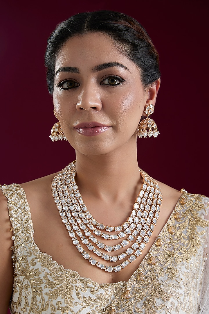Gold Finish Kundan Polki Layered Necklace Set by Zevar By Geeta at Pernia's Pop Up Shop