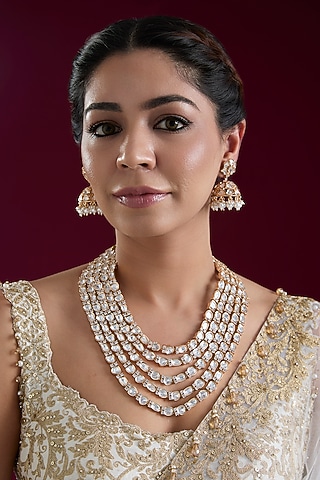 Gold Finish Kundan Polki Layered Necklace Set by Zevar By Geeta