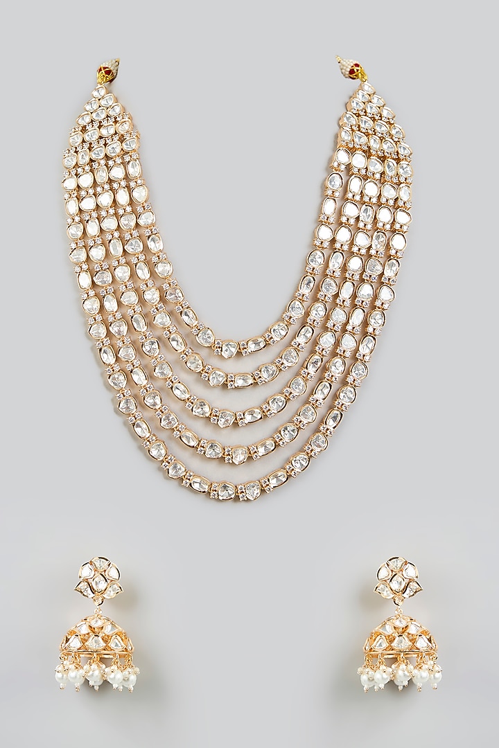 Gold Finish Kundan Polki Layered Necklace Set by Zevar By Geeta at Pernia's Pop Up Shop