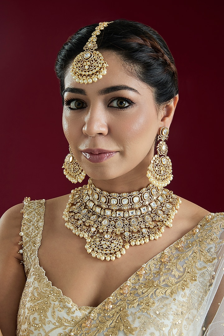 Two Tone Finish Kundan Polki Necklace Set by Zevar By Geeta at Pernia's Pop Up Shop