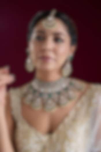 Two Tone Finish Kundan Polki & Green Stone Necklace Set by Zevar By Geeta at Pernia's Pop Up Shop