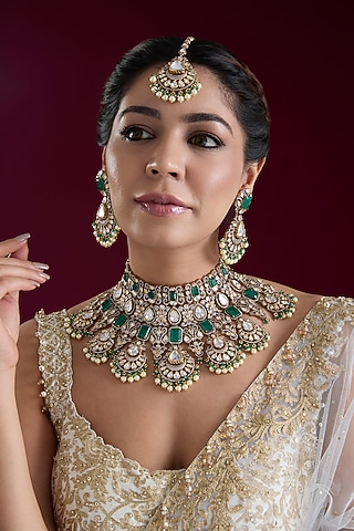 Two Tone Finish Kundan Polki & Green Stone Necklace Set by Zevar By Geeta