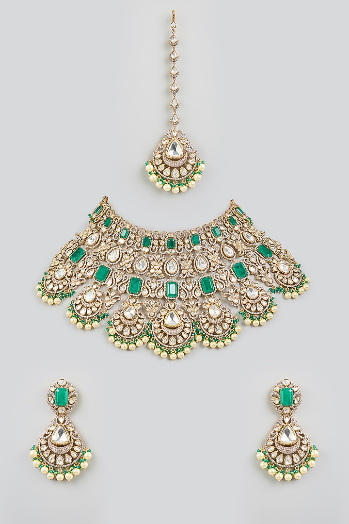 Two Tone Finish Kundan Polki & Green Stone Necklace Set by Zevar By Geeta at Pernia's Pop Up Shop