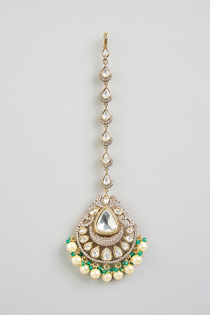 Two Tone Finish Kundan Polki & Green Stone Necklace Set by Zevar By Geeta at Pernia's Pop Up Shop