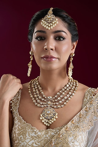 Two Tone Finish Kundan Polki Layered Necklace Set by Zevar By Geeta
