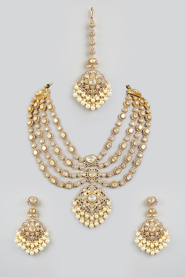 Two Tone Finish Kundan Polki Layered Necklace Set by Zevar By Geeta at Pernia's Pop Up Shop