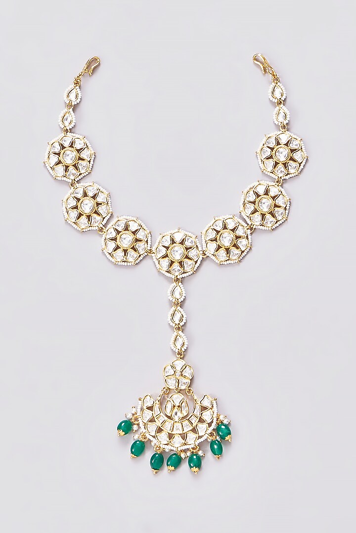 Gold Finish Kundan Polki & Green Drop Sheeshpatti by Zevar by Geeta at Pernia's Pop Up Shop