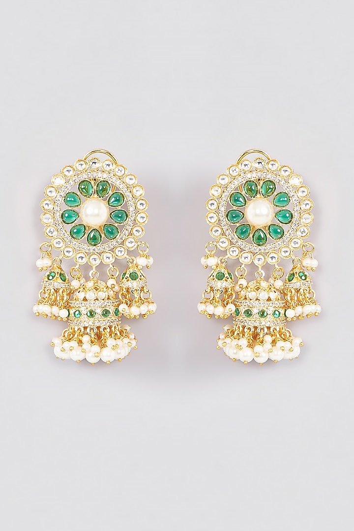 Gold Plated Kundan Polki & Pearl Meenakari Jhumka Earrings by Zevar by Geeta at Pernia's Pop Up Shop