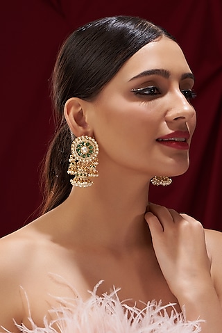 Gold Plated Kundan Polki & Pearl Meenakari Jhumka Earrings by Zevar by Geeta