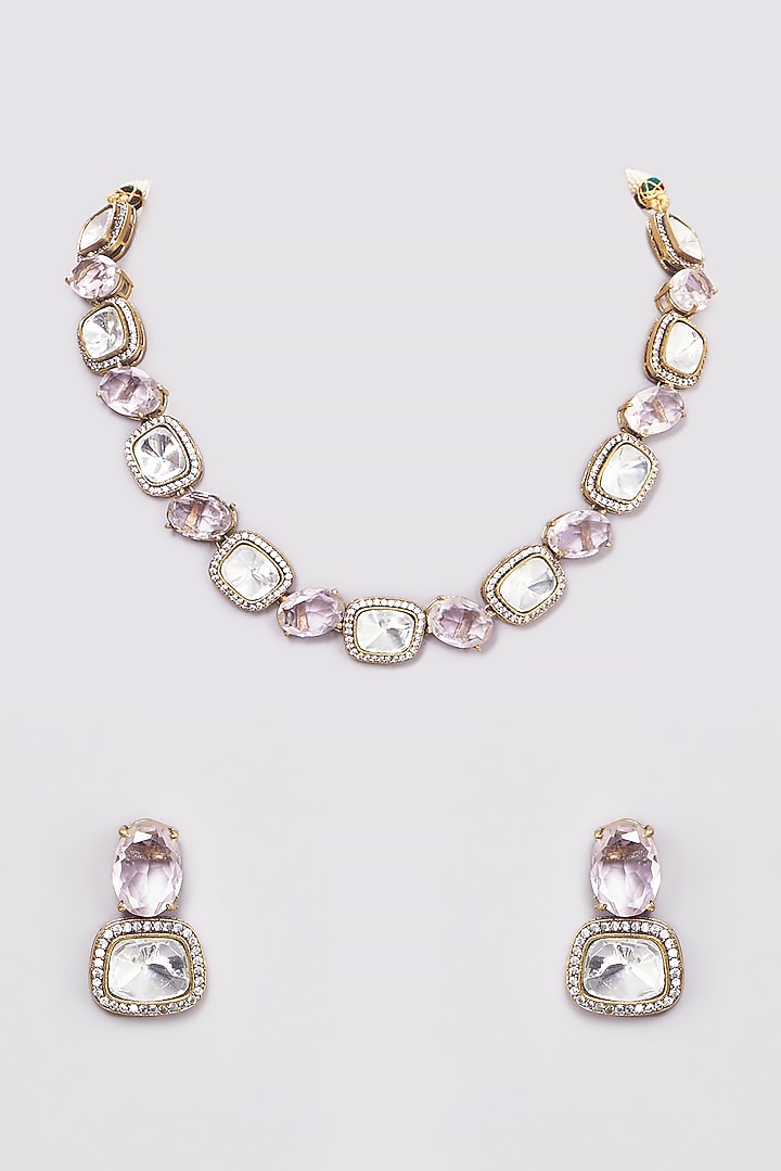 Black Rhodium Finish Rose Quartz Polki Necklace Set by Zevar by Geeta at Pernia's Pop Up Shop