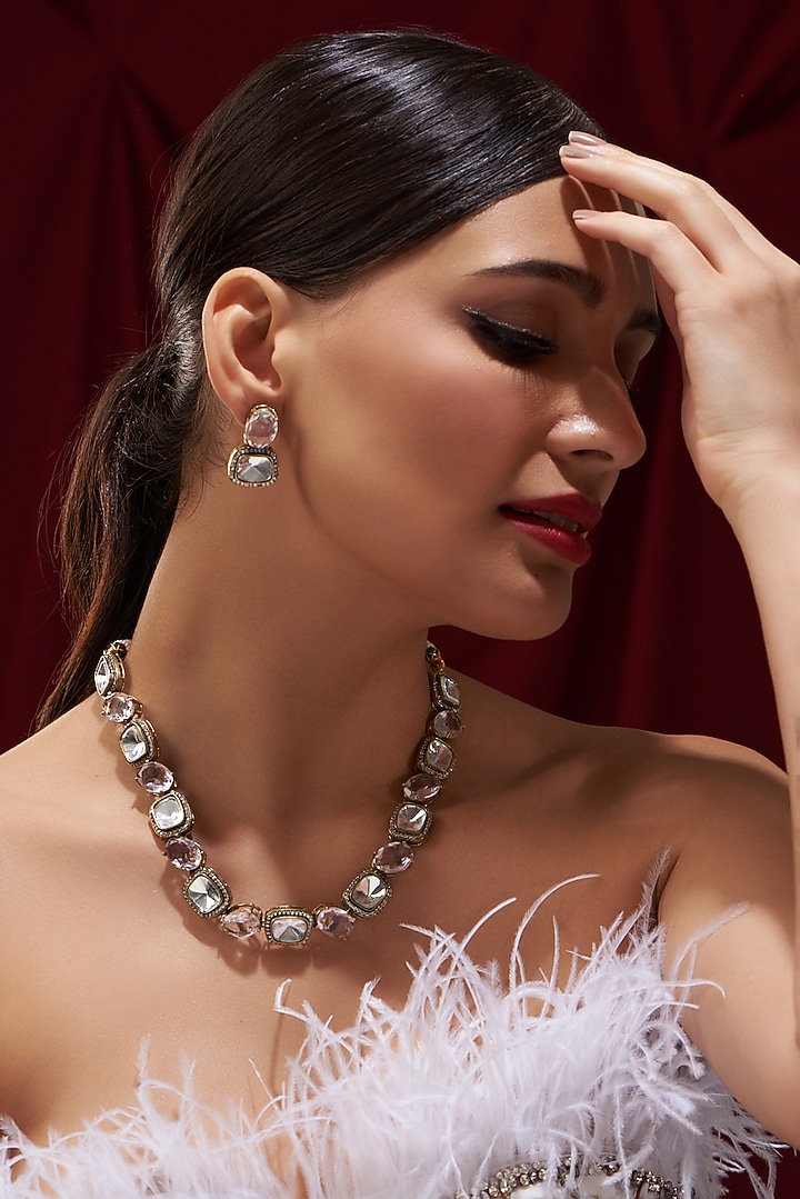 Black Rhodium Finish Rose Quartz Polki Necklace Set by Zevar by Geeta at Pernia's Pop Up Shop