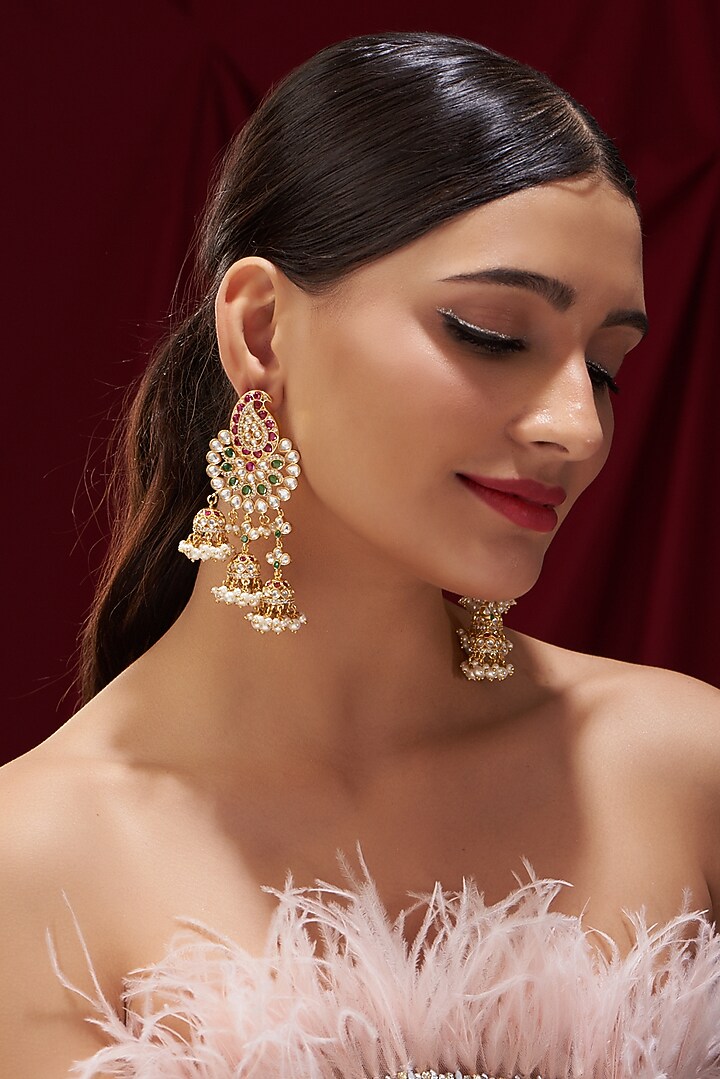 Gold Plated Kundan Polki Meenakari Jhumka Earrings by Zevar by Geeta at Pernia's Pop Up Shop