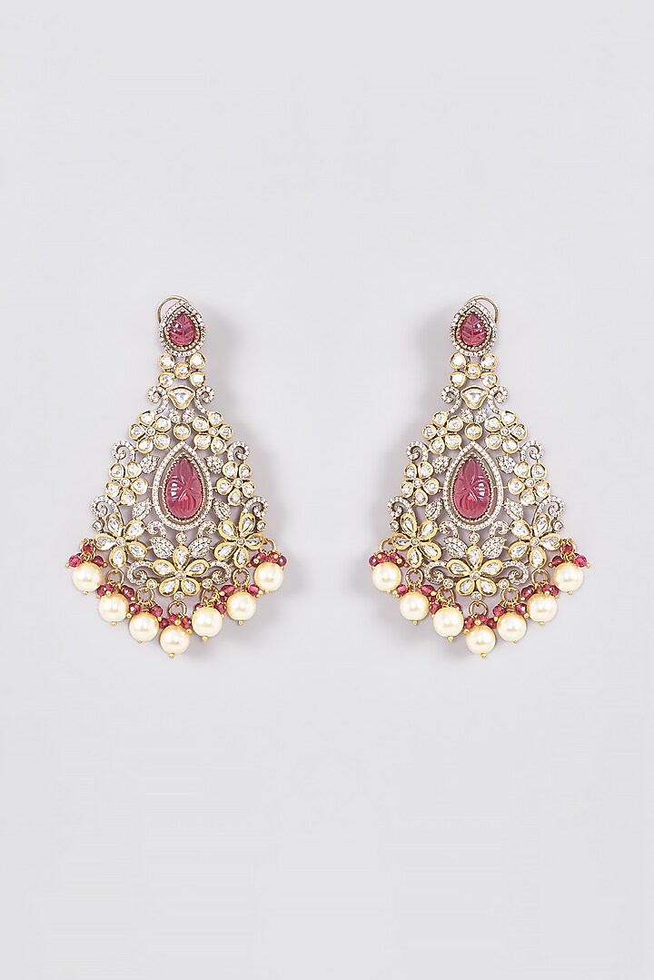 Black Rhodium Finish Ruby & Pearl Dangler Earrings by Zevar by Geeta at Pernia's Pop Up Shop