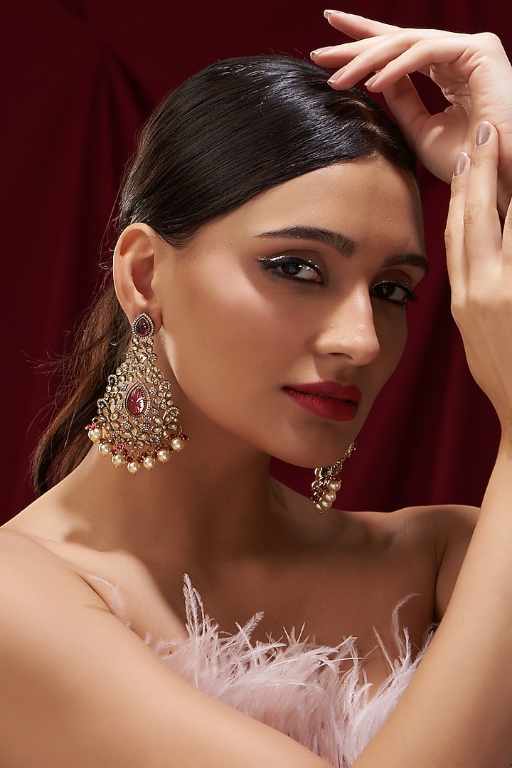 Black Rhodium Finish Ruby & Pearl Dangler Earrings by Zevar by Geeta at Pernia's Pop Up Shop