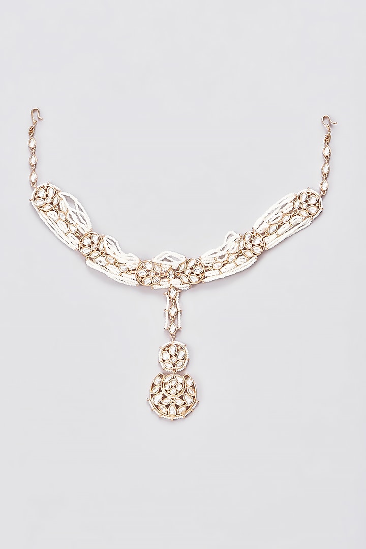 Gold Finish Kundan Polki & Pearl Matha Patti by Zevar by Geeta at Pernia's Pop Up Shop