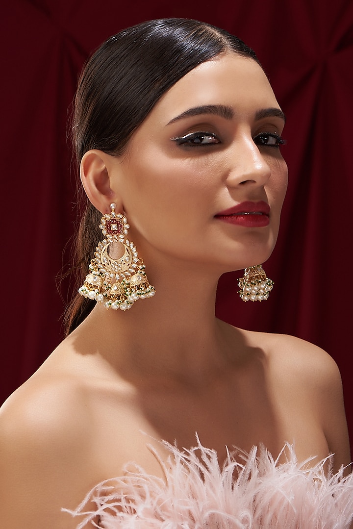Gold Plated Kundan Polki & Pearl Meenakari Jhumka Earrings by Zevar by Geeta