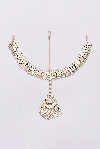Gold Finish Kundan Polki & Pearl Matha Patti by Zevar by Geeta