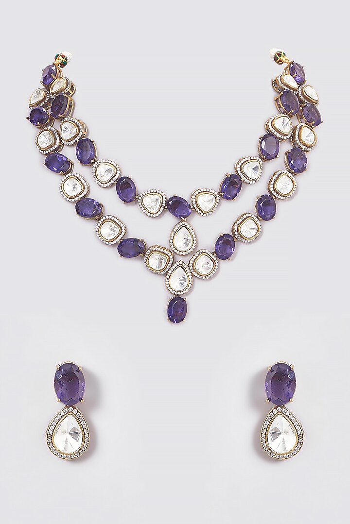 Black Rhodium Finish Amethyst & Kundan Polki Layered Necklace Set by Zevar by Geeta at Pernia's Pop Up Shop