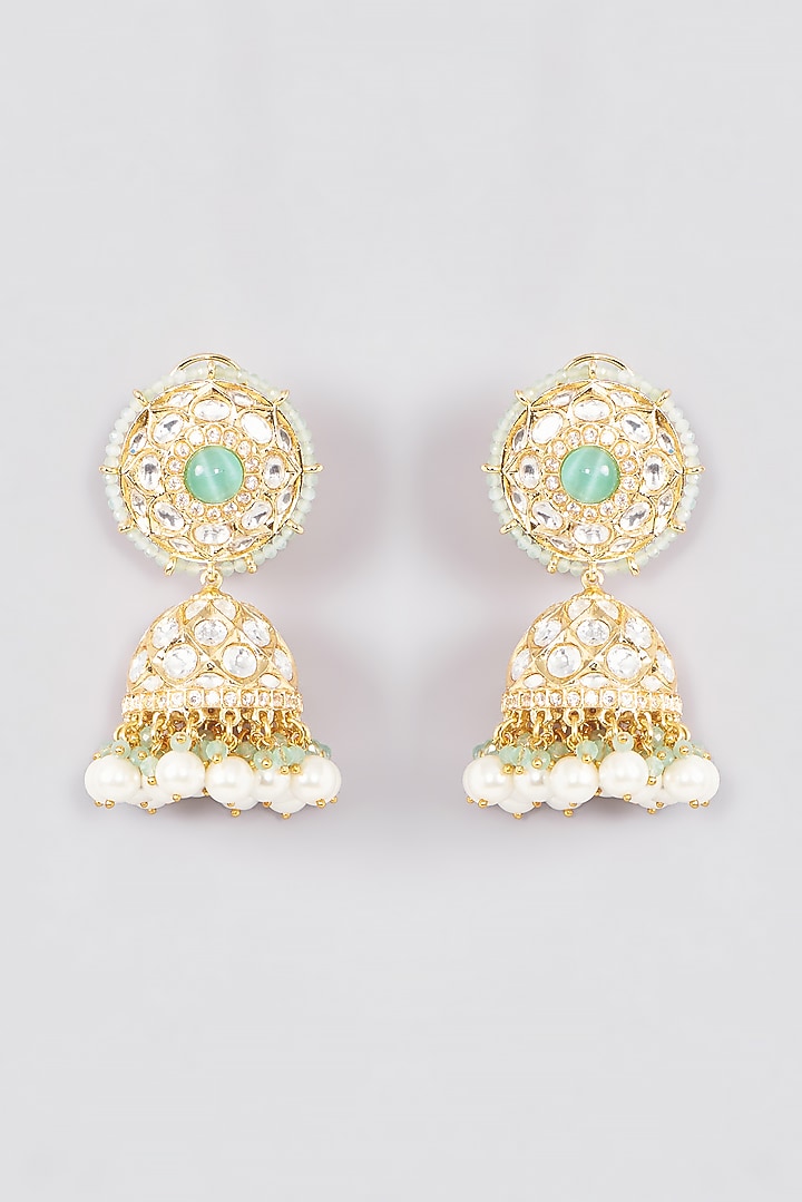 Gold Finish Kundan Polki & Green Stone Jhumka Earrings by Zevar by Geeta at Pernia's Pop Up Shop