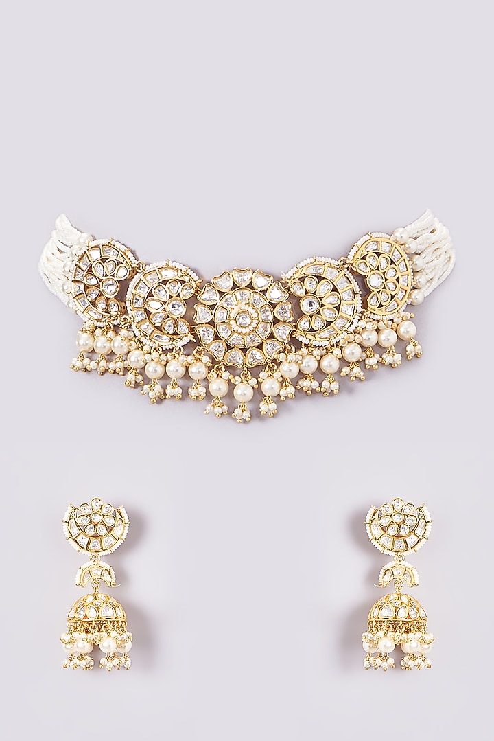 Gold Finish Kundan Polki & Pearl String Choker Necklace Set by Zevar By Geeta at Pernia's Pop Up Shop