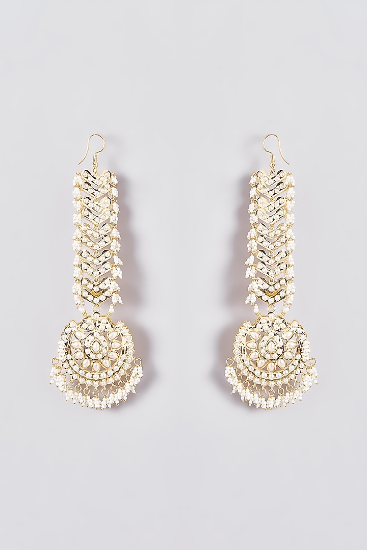Gold Finish Kundan Polki & Pearl Drop Dangler Earrings by Zevar By Geeta at Pernia's Pop Up Shop