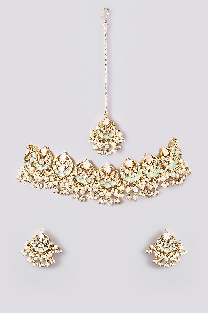 Gold Plated Green Kundan Polki & Pearl Necklace Set by Zevar By Geeta at Pernia's Pop Up Shop