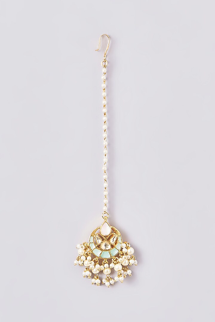 Gold Plated Green Kundan Polki & Pearl Necklace Set by Zevar By Geeta at Pernia's Pop Up Shop