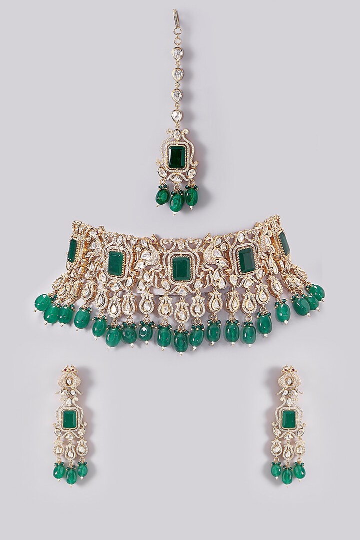 Gold Plated Green Stone & Pearl Necklace Set by Zevar By Geeta