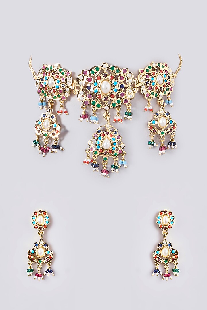 Gold Plated Kundan Polki & Jadau Stone Choker Necklace Set by Zevar By Geeta at Pernia's Pop Up Shop