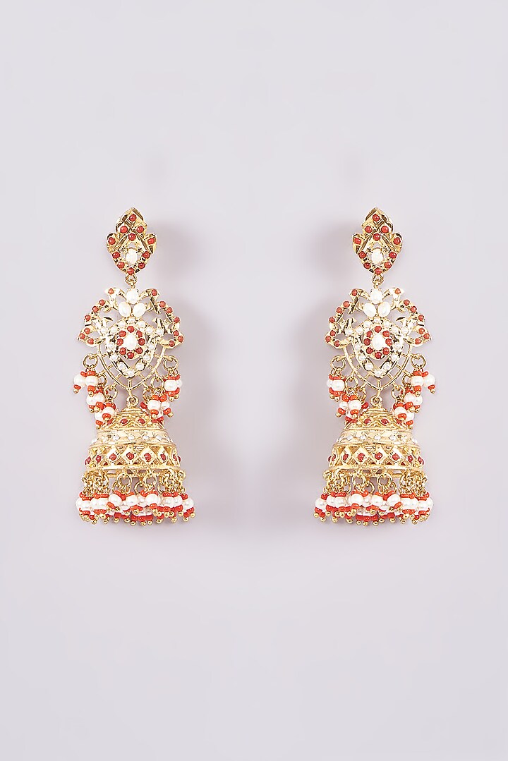 Gold Finish Kundan Polki & Pearl Jhumka Earrings by Zevar By Geeta at Pernia's Pop Up Shop