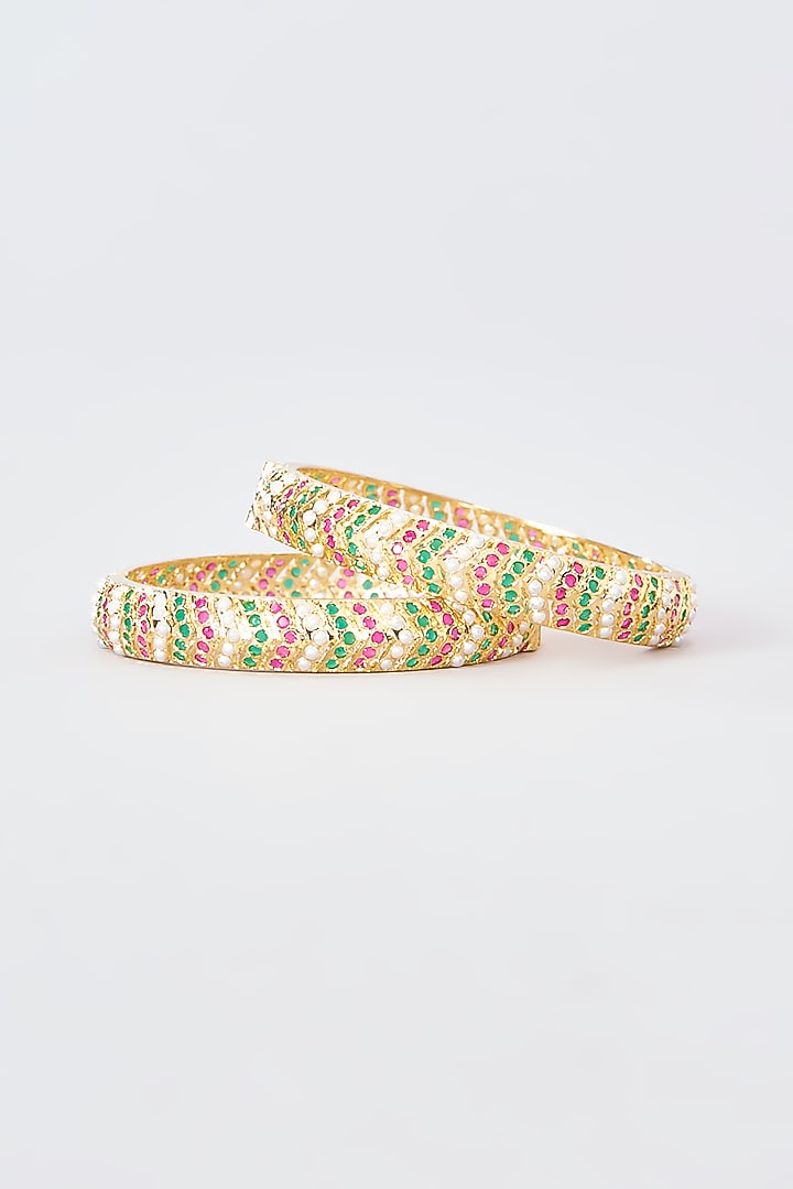 Gold Finish Jadau Stone Bangles (Set Of 2) by Zevar By Geeta at Pernia's Pop Up Shop