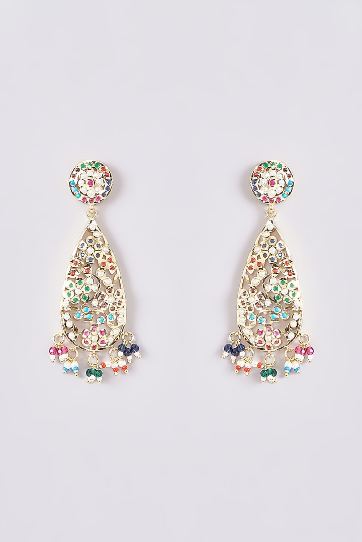 Gold Plated Kundan Polki & Navratna Stone Dangler Earrings by Zevar By Geeta at Pernia's Pop Up Shop
