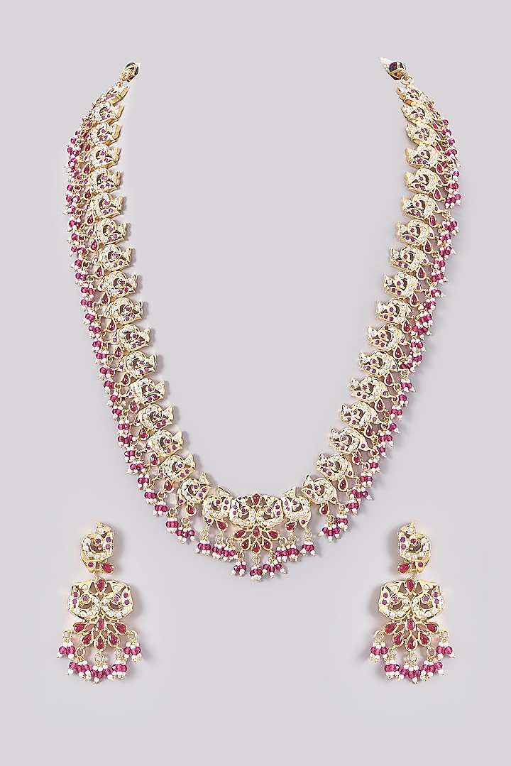 Gold Plated Kundan Polki & Jadau Stone Long Necklace Set by Zevar By Geeta