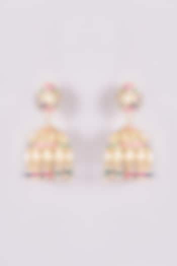 Gold Plated Jadau Stone & Pearl Drop Jhumka Earrings by Zevar By Geeta