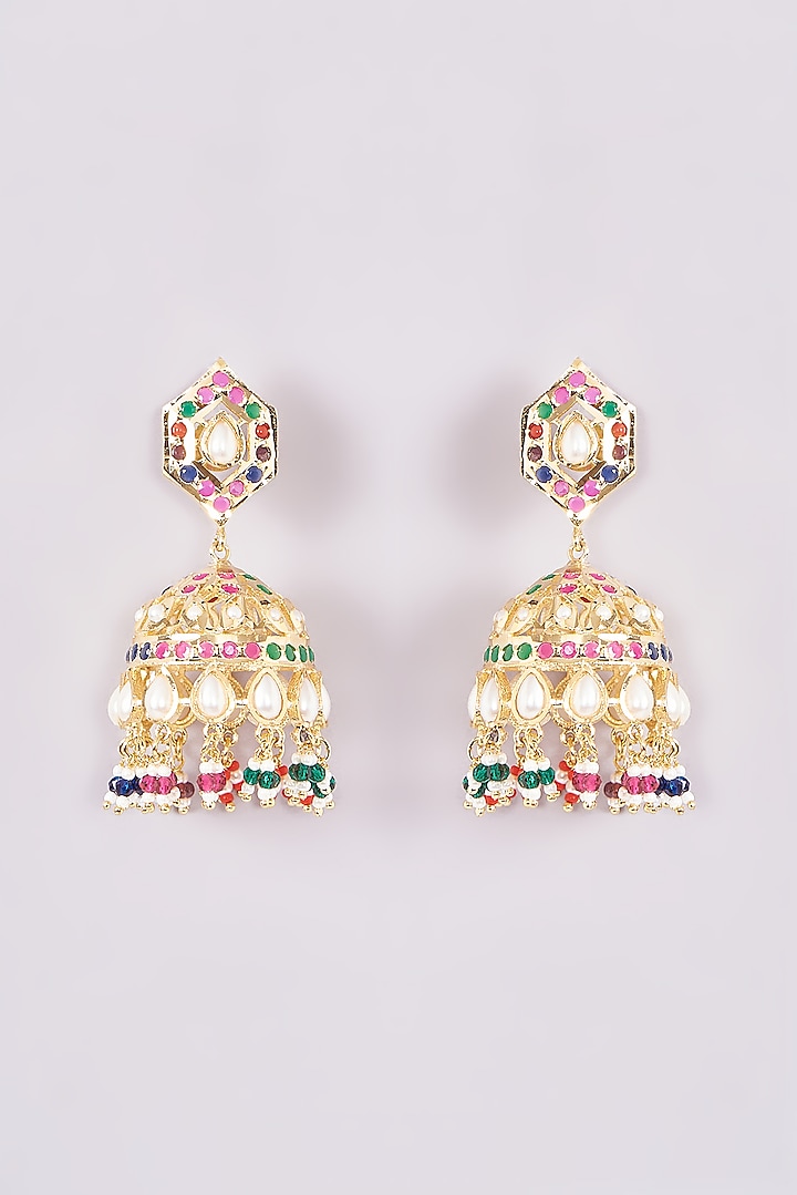 Gold Plated Jadau Stone & Pearl Drop Jhumka Earrings by Zevar By Geeta