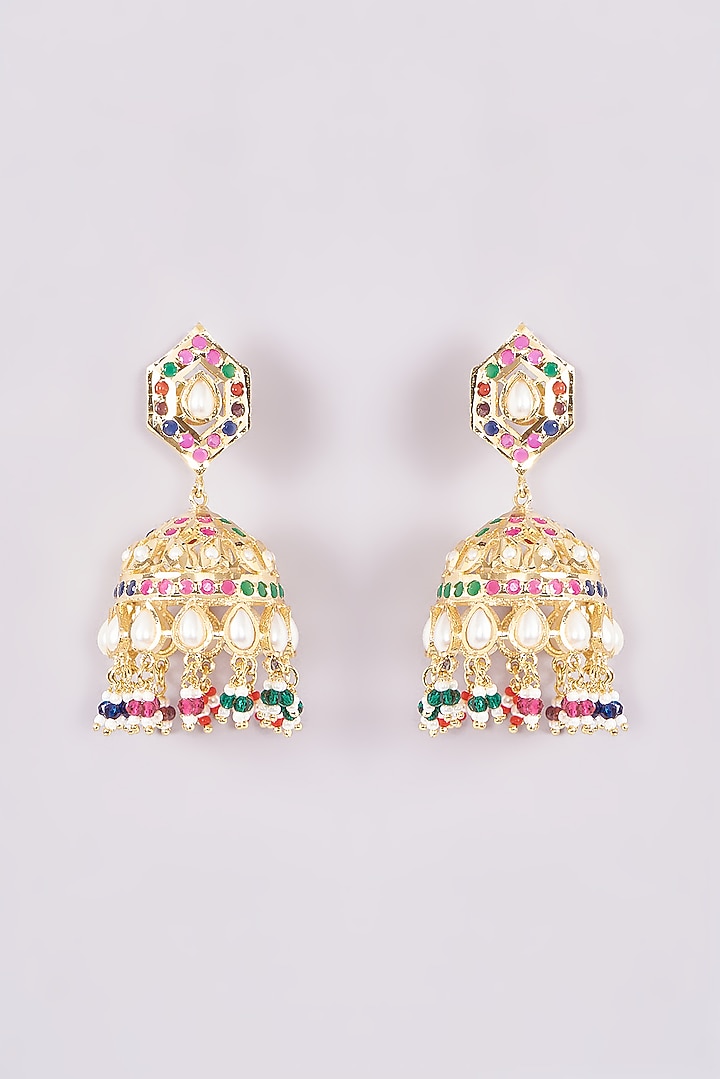 Gold Plated Jadau Stone & Pearl Drop Jhumka Earrings by Zevar By Geeta at Pernia's Pop Up Shop