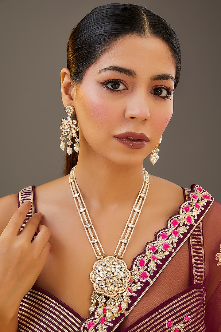Gold Finish Kundan Polki Long Necklace Set by Zevar by Geeta at Pernia's Pop Up Shop