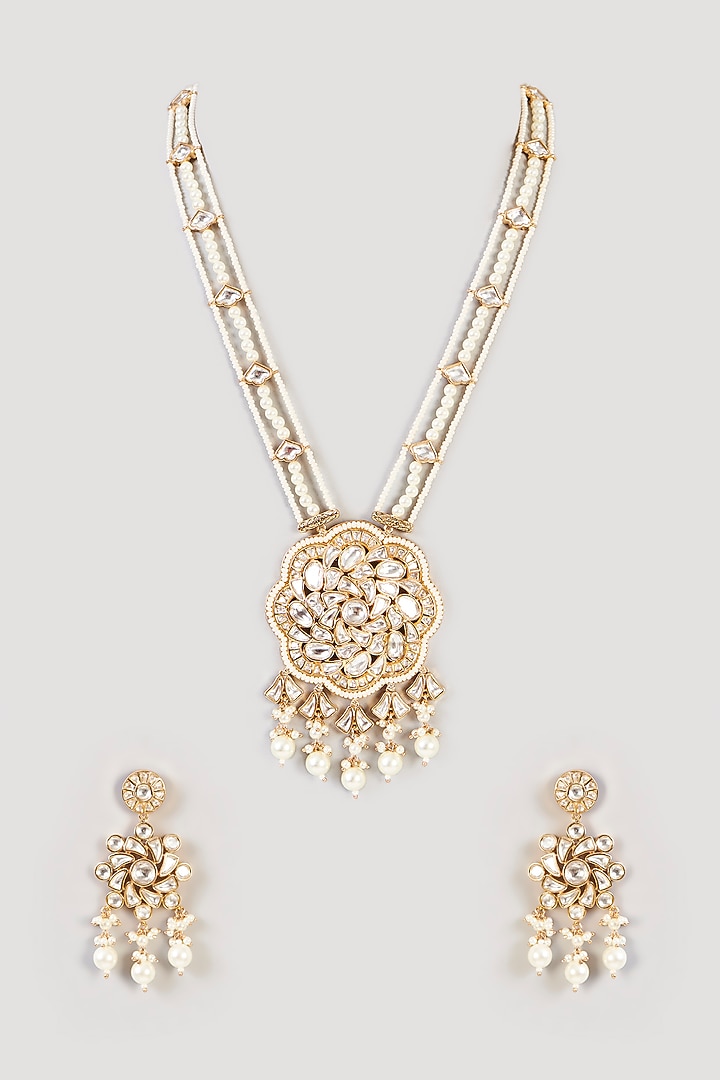 Gold Finish Kundan Polki Long Necklace Set by Zevar by Geeta at Pernia's Pop Up Shop