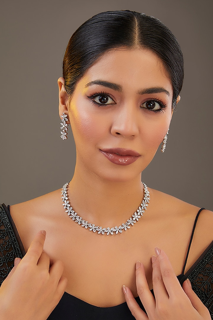 White Finish Diamond Floral Necklace Set by Zevar by Geeta at Pernia's Pop Up Shop
