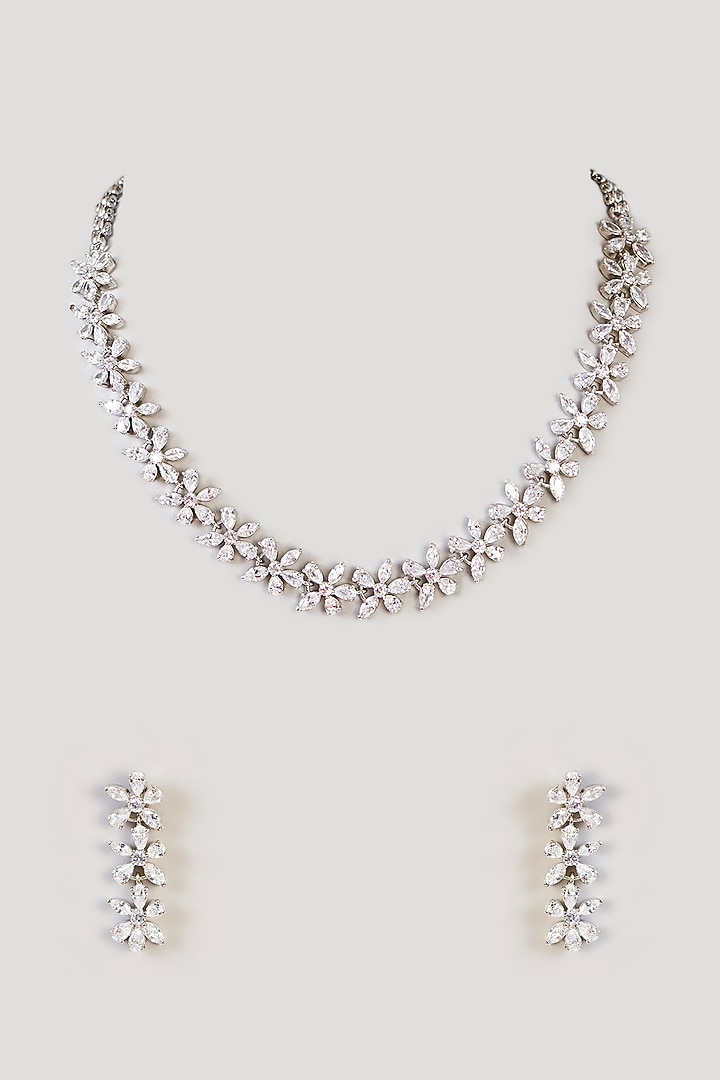White Finish Diamond Floral Necklace Set by Zevar by Geeta at Pernia's Pop Up Shop