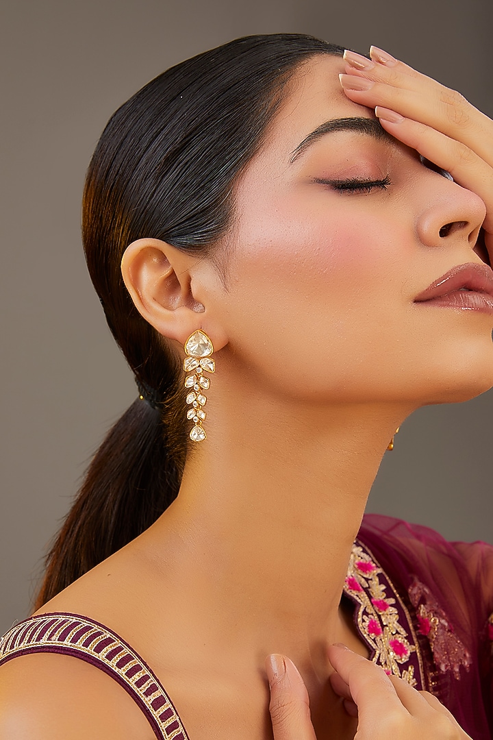 Gold Finish Moissanite Polki Dangler Earrings by Zevar by Geeta at Pernia's Pop Up Shop