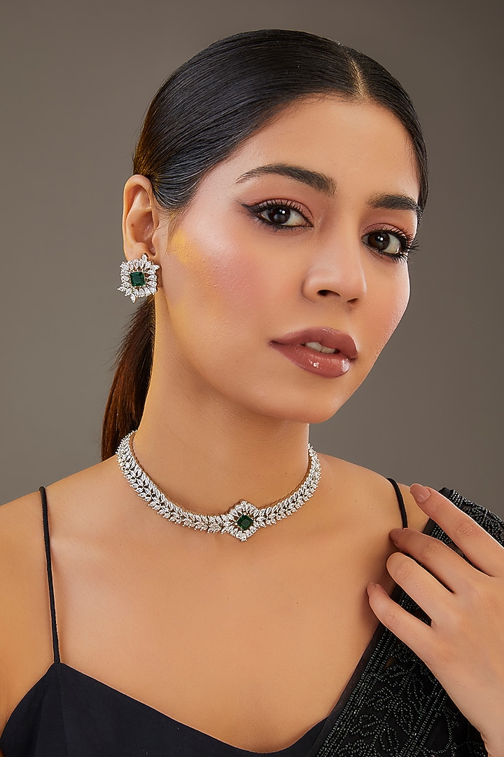 White Finish Diamond & Green Stone Choker Necklace Set by Zevar by Geeta at Pernia's Pop Up Shop